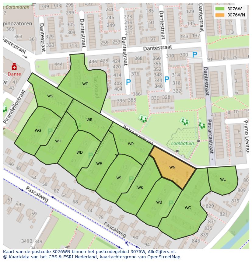 Afbeelding van het postcodegebied 3076 WN op de kaart.