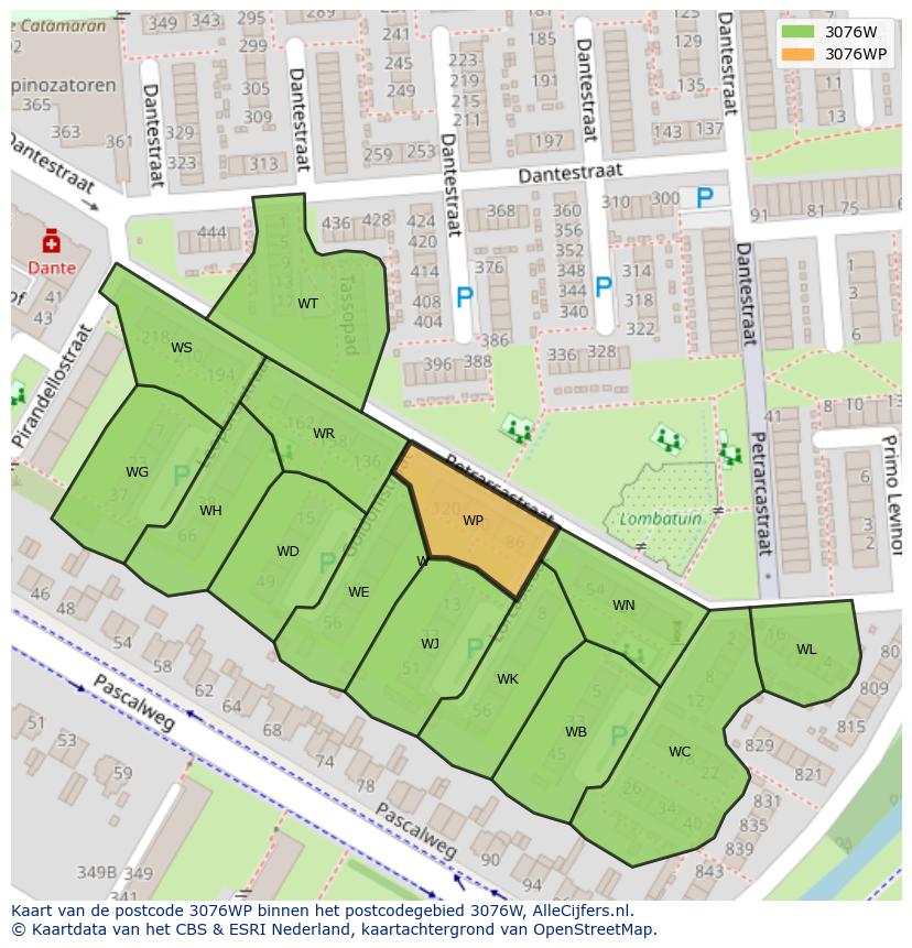 Afbeelding van het postcodegebied 3076 WP op de kaart.