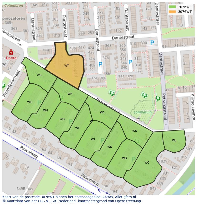 Afbeelding van het postcodegebied 3076 WT op de kaart.
