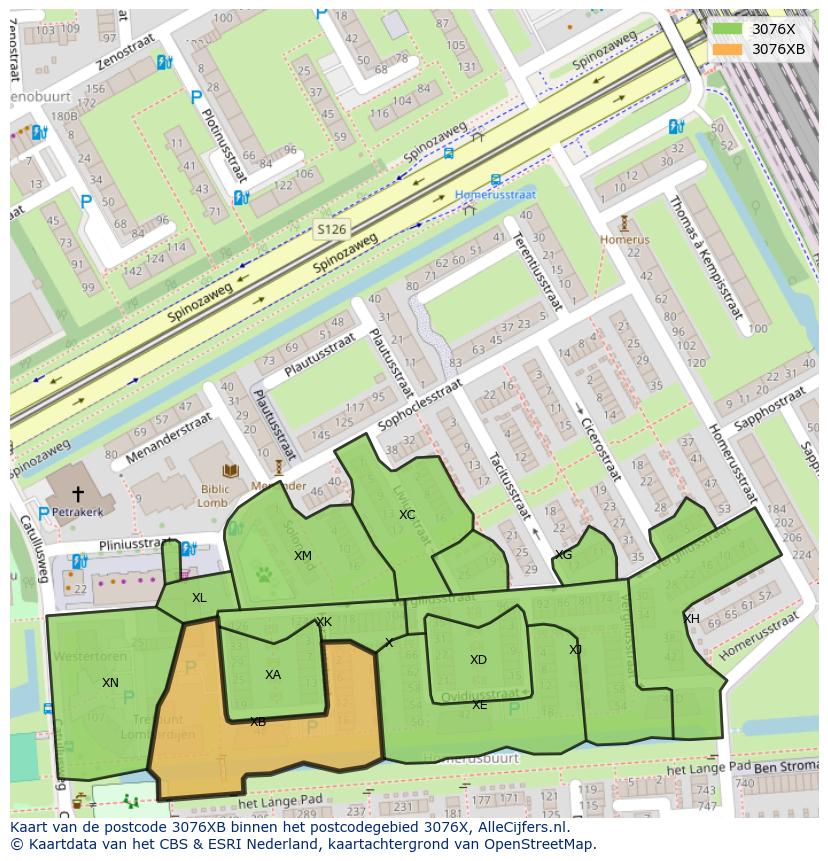 Afbeelding van het postcodegebied 3076 XB op de kaart.