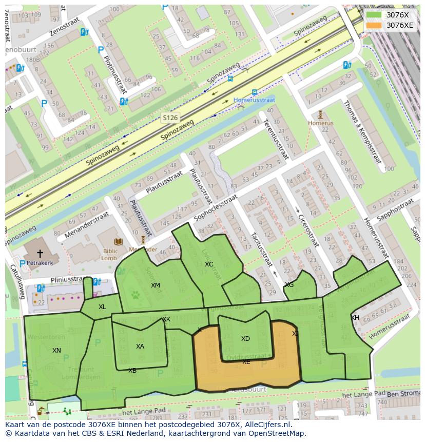 Afbeelding van het postcodegebied 3076 XE op de kaart.