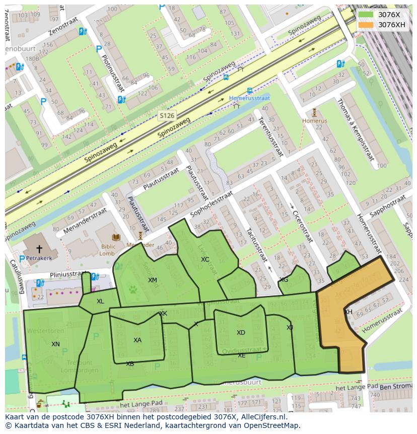 Afbeelding van het postcodegebied 3076 XH op de kaart.