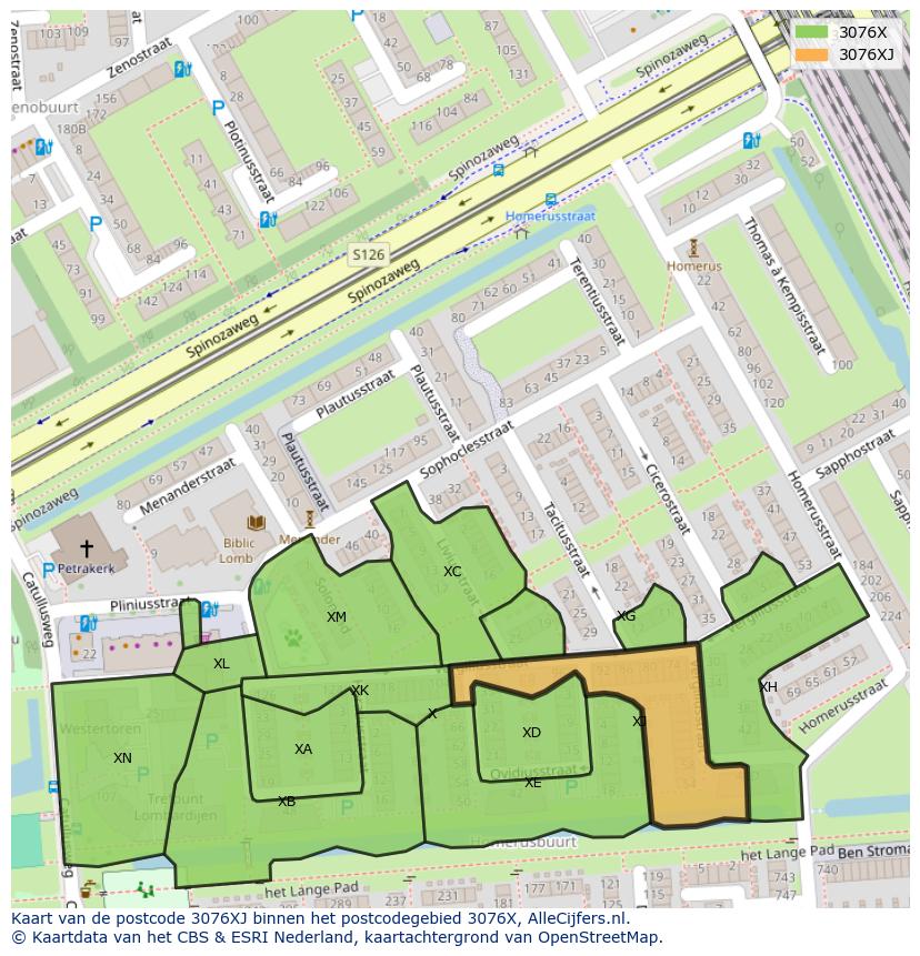 Afbeelding van het postcodegebied 3076 XJ op de kaart.
