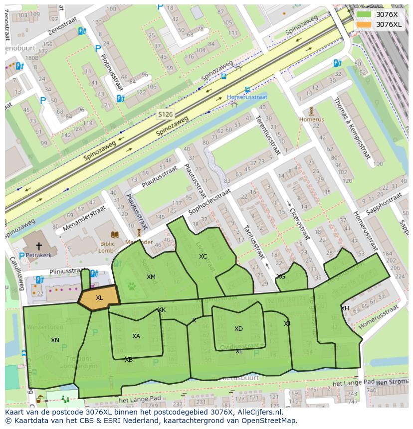 Afbeelding van het postcodegebied 3076 XL op de kaart.