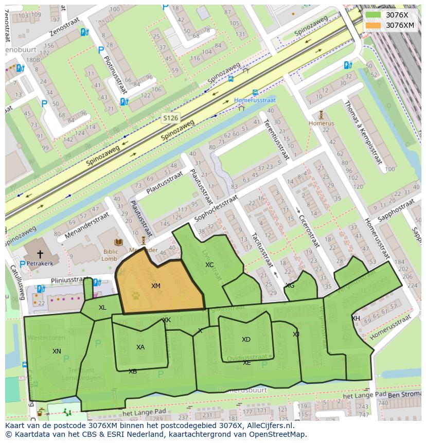 Afbeelding van het postcodegebied 3076 XM op de kaart.