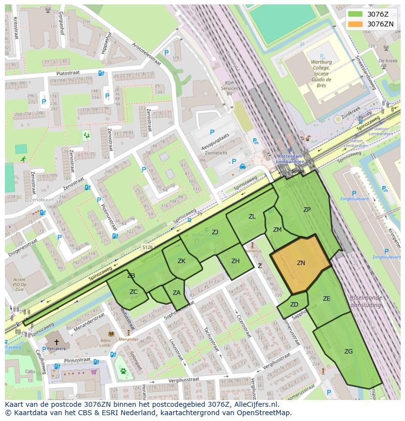 Afbeelding van het postcodegebied 3076 ZN op de kaart.