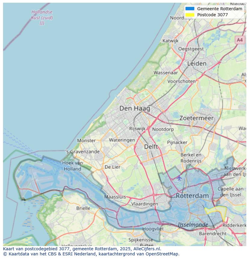 Afbeelding van het postcodegebied 3077 op de kaart.