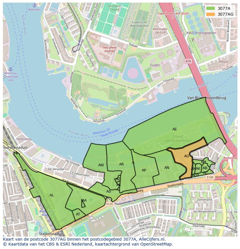 Afbeelding van het postcodegebied 3077 AG op de kaart.