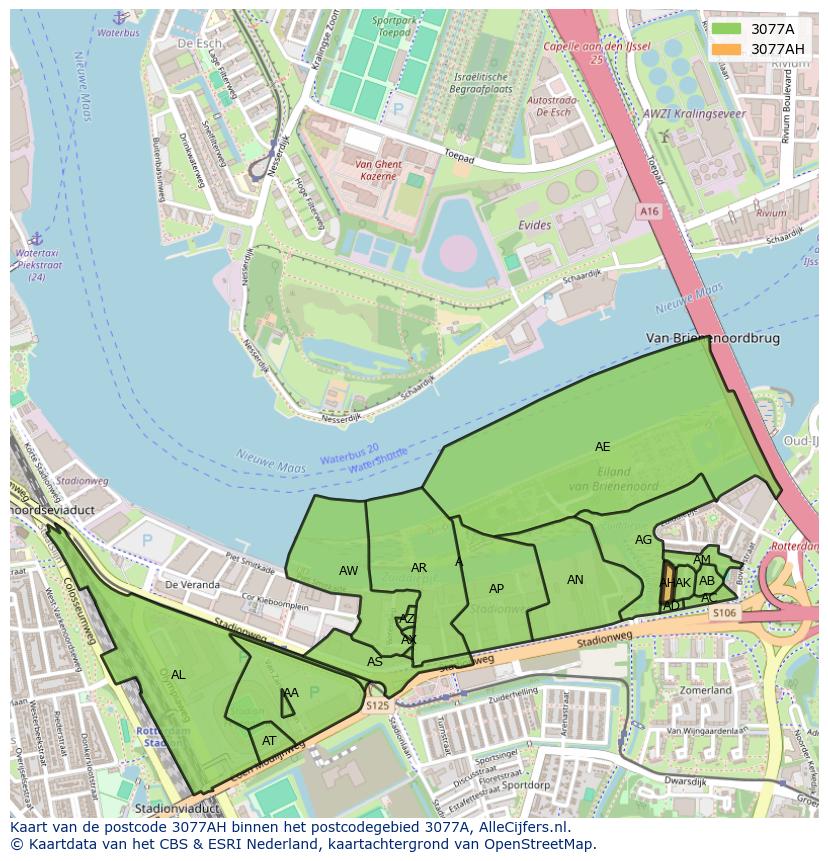 Afbeelding van het postcodegebied 3077 AH op de kaart.