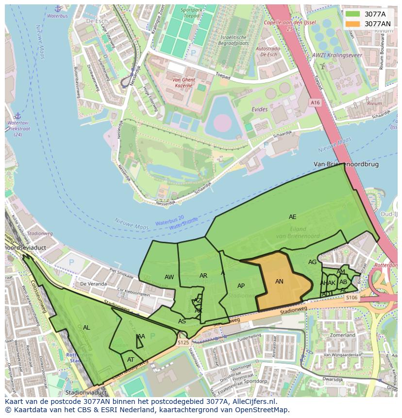 Afbeelding van het postcodegebied 3077 AN op de kaart.