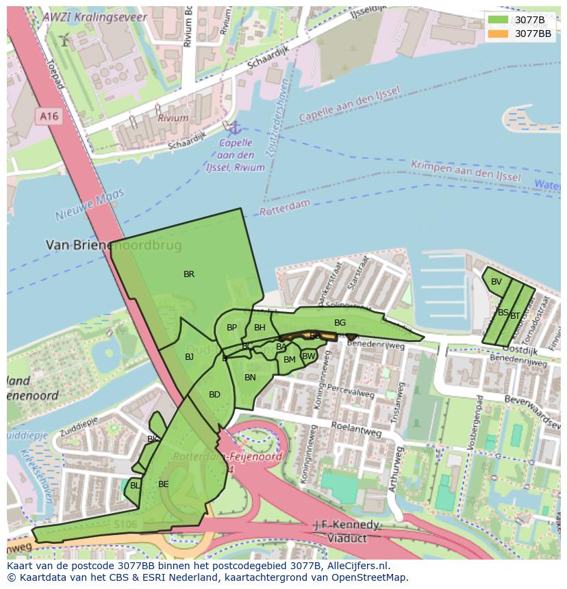 Afbeelding van het postcodegebied 3077 BB op de kaart.