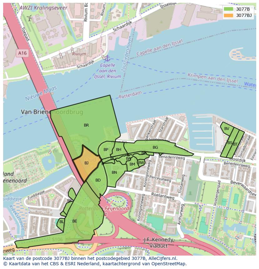 Afbeelding van het postcodegebied 3077 BJ op de kaart.