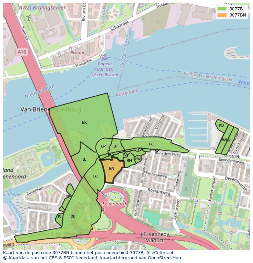 Afbeelding van het postcodegebied 3077 BN op de kaart.