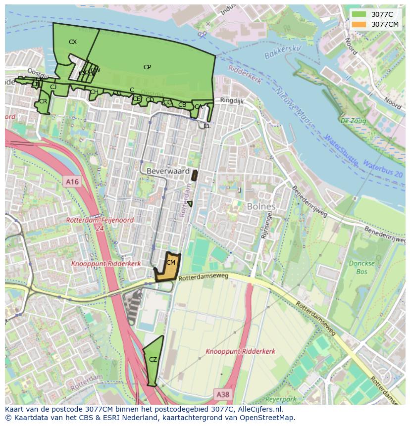 Afbeelding van het postcodegebied 3077 CM op de kaart.