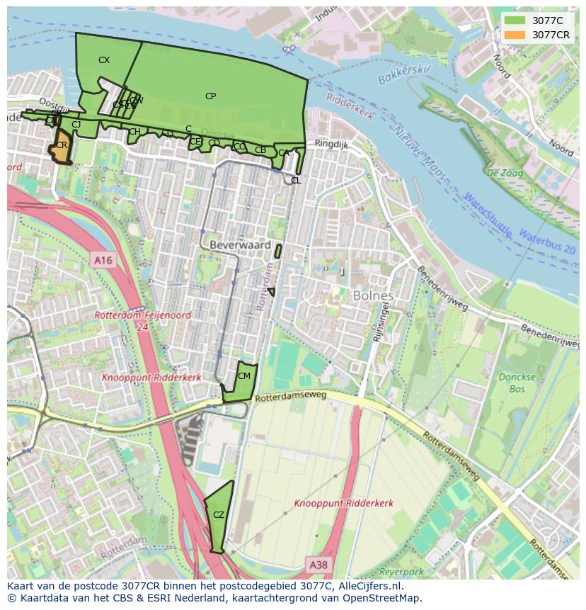 Afbeelding van het postcodegebied 3077 CR op de kaart.