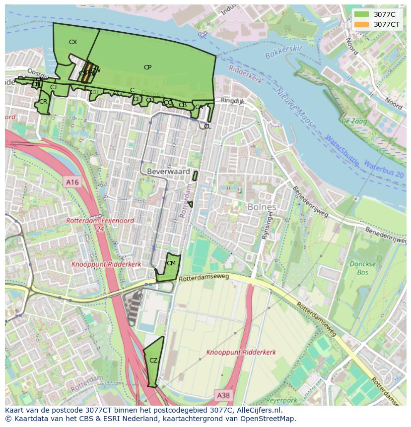 Afbeelding van het postcodegebied 3077 CT op de kaart.