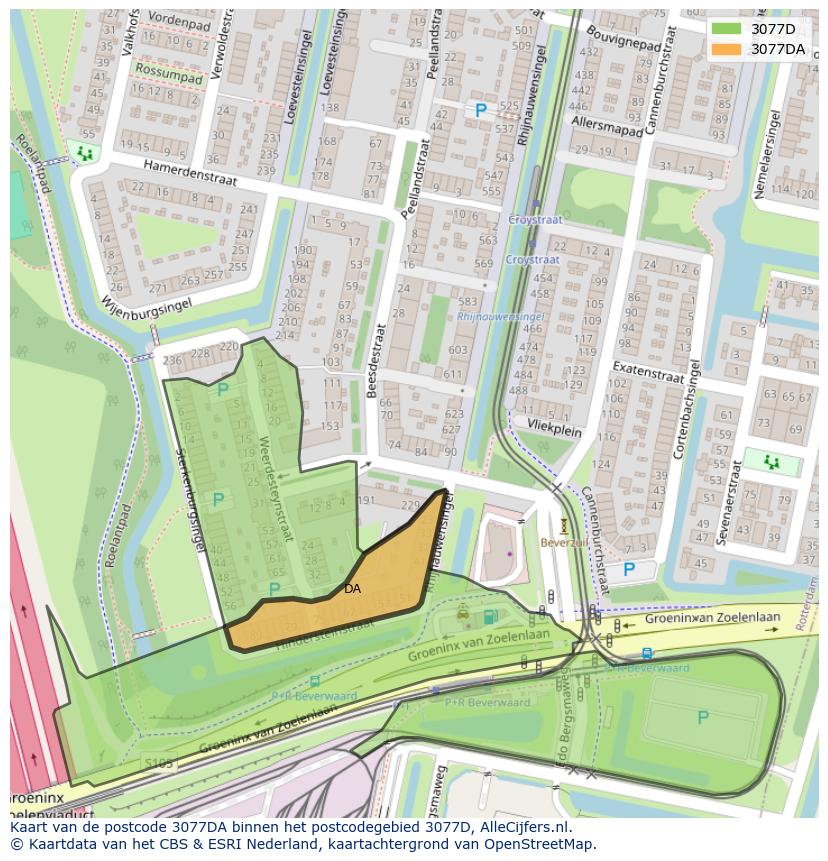 Afbeelding van het postcodegebied 3077 DA op de kaart.