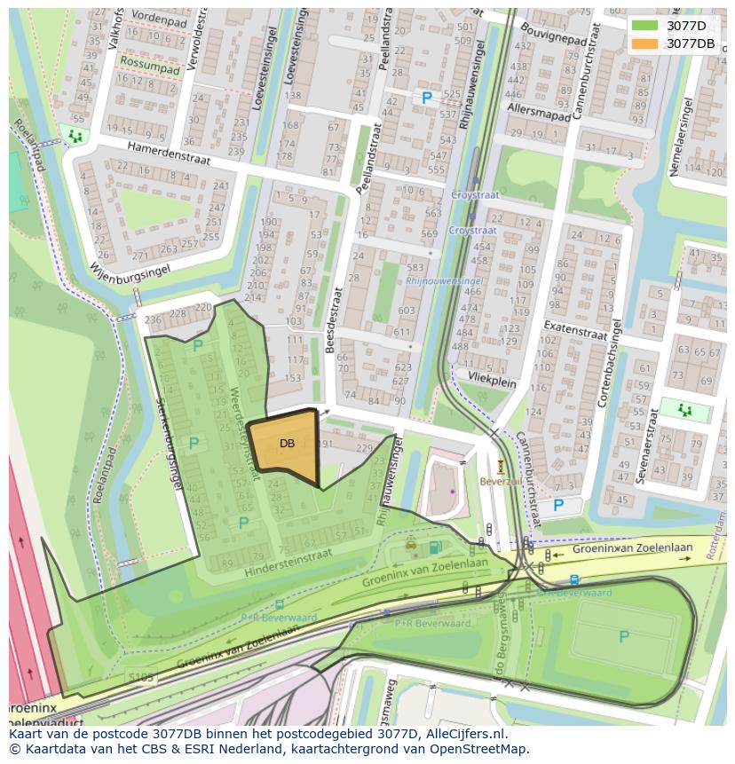 Afbeelding van het postcodegebied 3077 DB op de kaart.