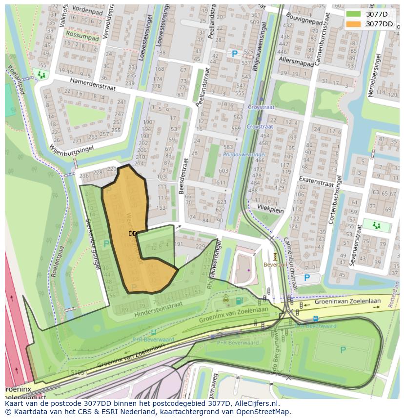 Afbeelding van het postcodegebied 3077 DD op de kaart.
