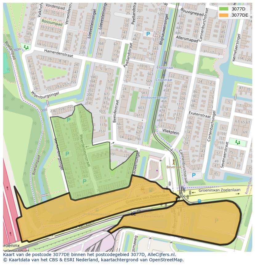 Afbeelding van het postcodegebied 3077 DE op de kaart.