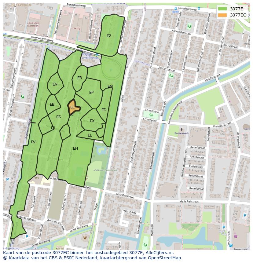 Afbeelding van het postcodegebied 3077 EC op de kaart.