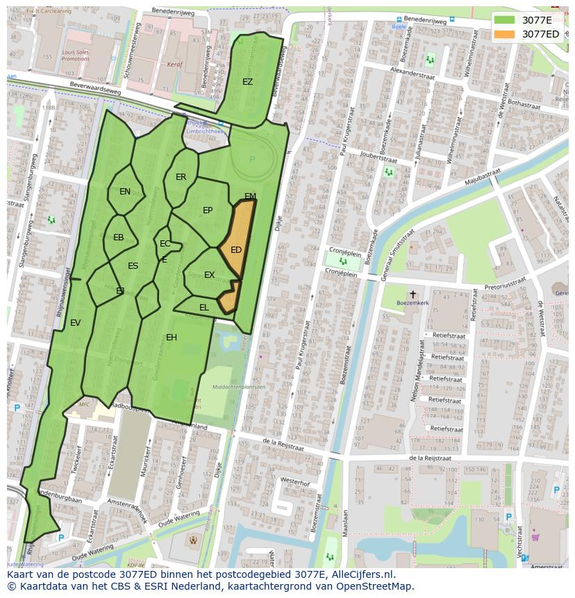 Afbeelding van het postcodegebied 3077 ED op de kaart.