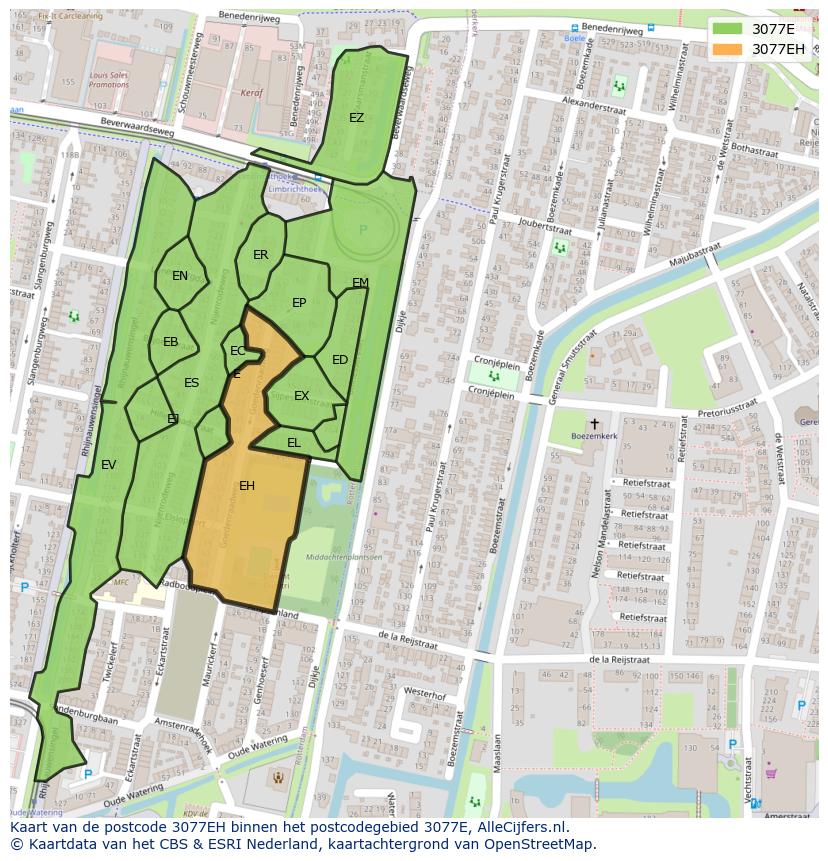 Afbeelding van het postcodegebied 3077 EH op de kaart.
