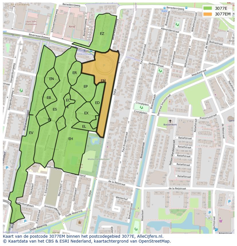 Afbeelding van het postcodegebied 3077 EM op de kaart.