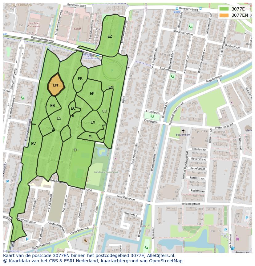 Afbeelding van het postcodegebied 3077 EN op de kaart.