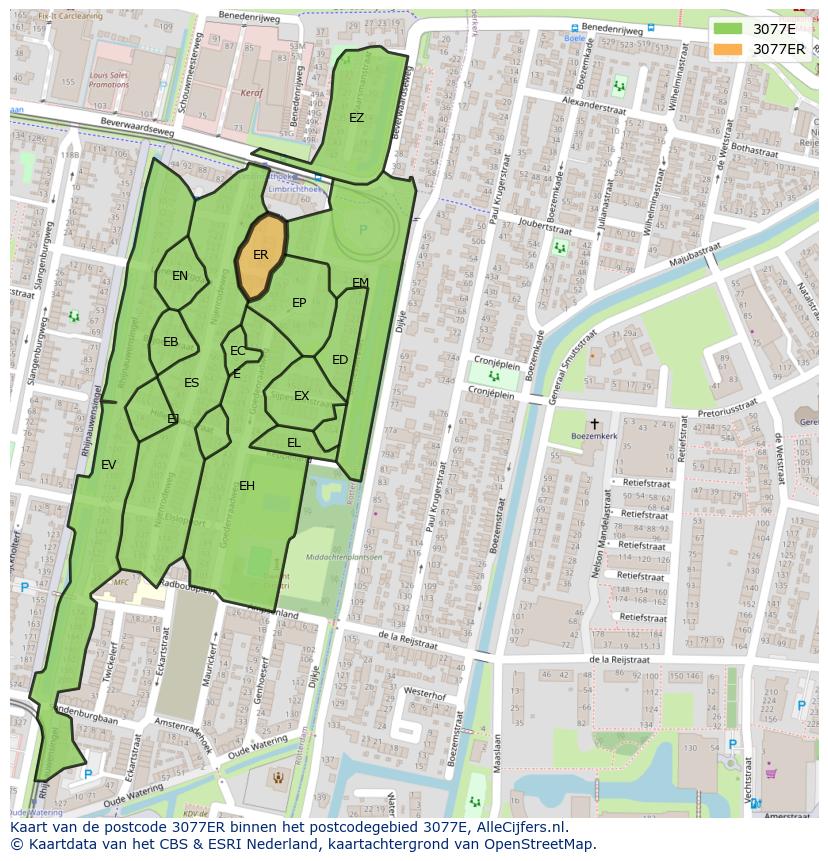 Afbeelding van het postcodegebied 3077 ER op de kaart.