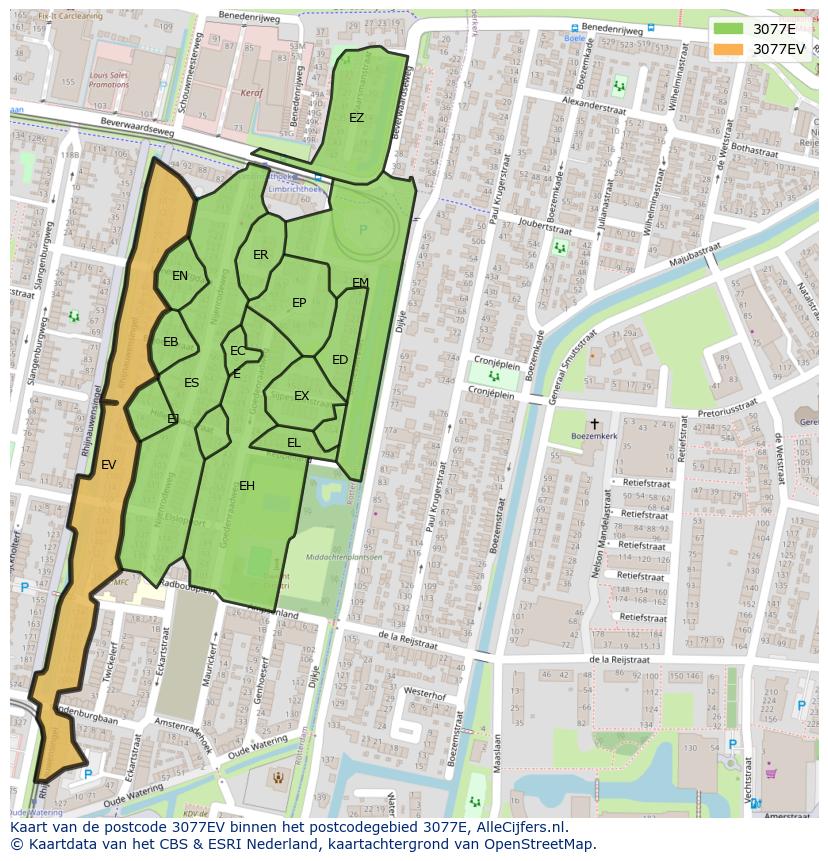 Afbeelding van het postcodegebied 3077 EV op de kaart.