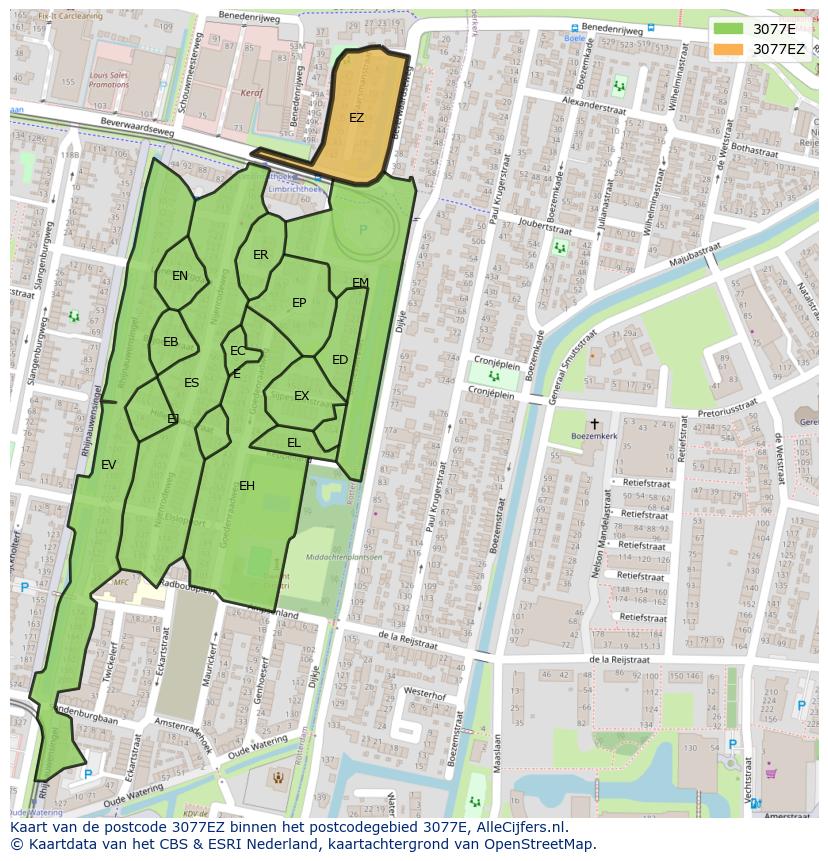 Afbeelding van het postcodegebied 3077 EZ op de kaart.