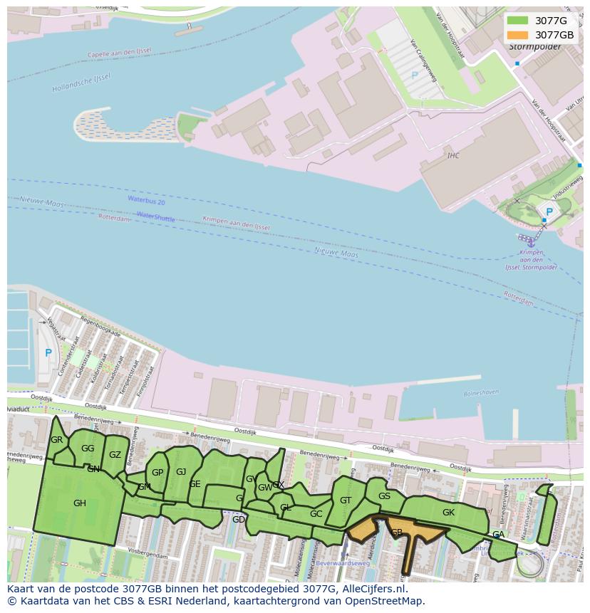 Afbeelding van het postcodegebied 3077 GB op de kaart.