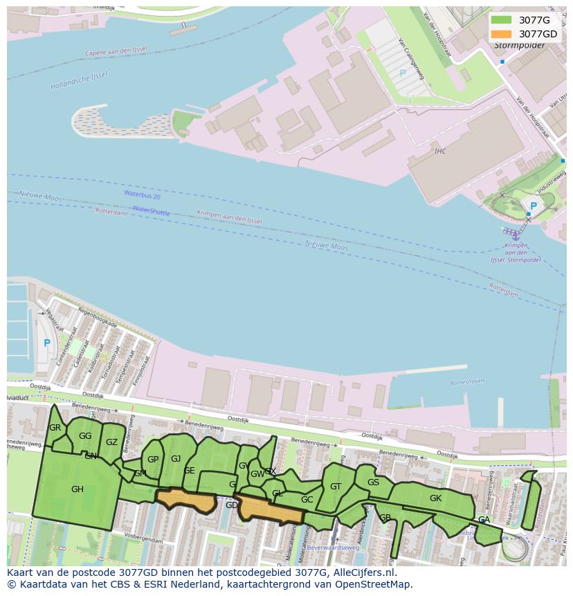 Afbeelding van het postcodegebied 3077 GD op de kaart.