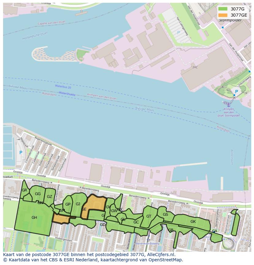 Afbeelding van het postcodegebied 3077 GE op de kaart.