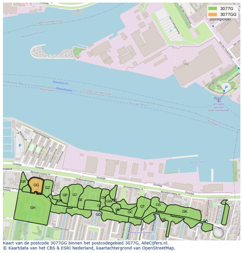 Afbeelding van het postcodegebied 3077 GG op de kaart.