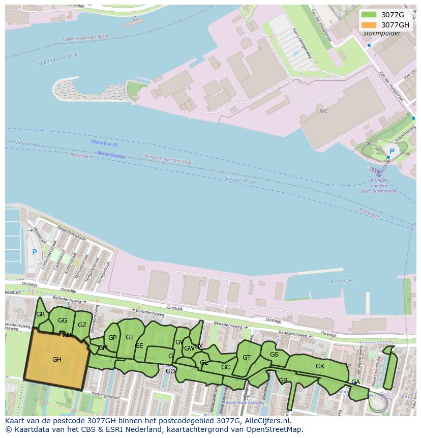 Afbeelding van het postcodegebied 3077 GH op de kaart.