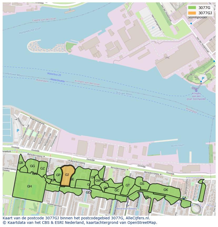 Afbeelding van het postcodegebied 3077 GJ op de kaart.