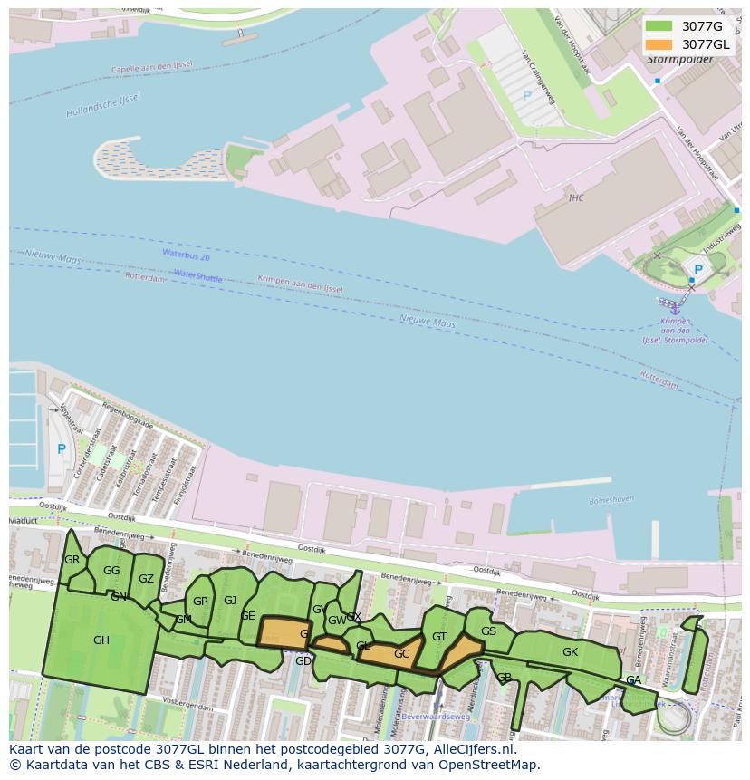 Afbeelding van het postcodegebied 3077 GL op de kaart.