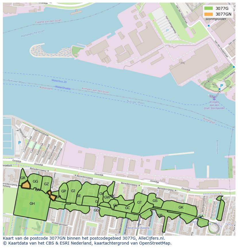 Afbeelding van het postcodegebied 3077 GN op de kaart.