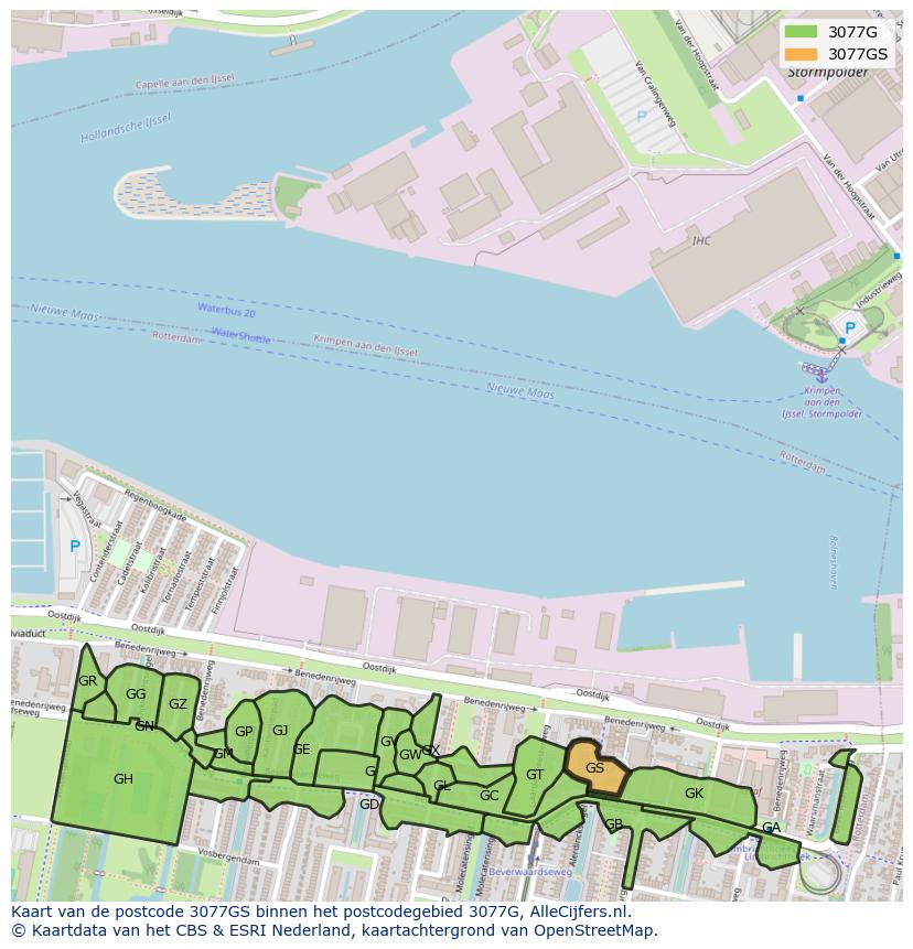 Afbeelding van het postcodegebied 3077 GS op de kaart.