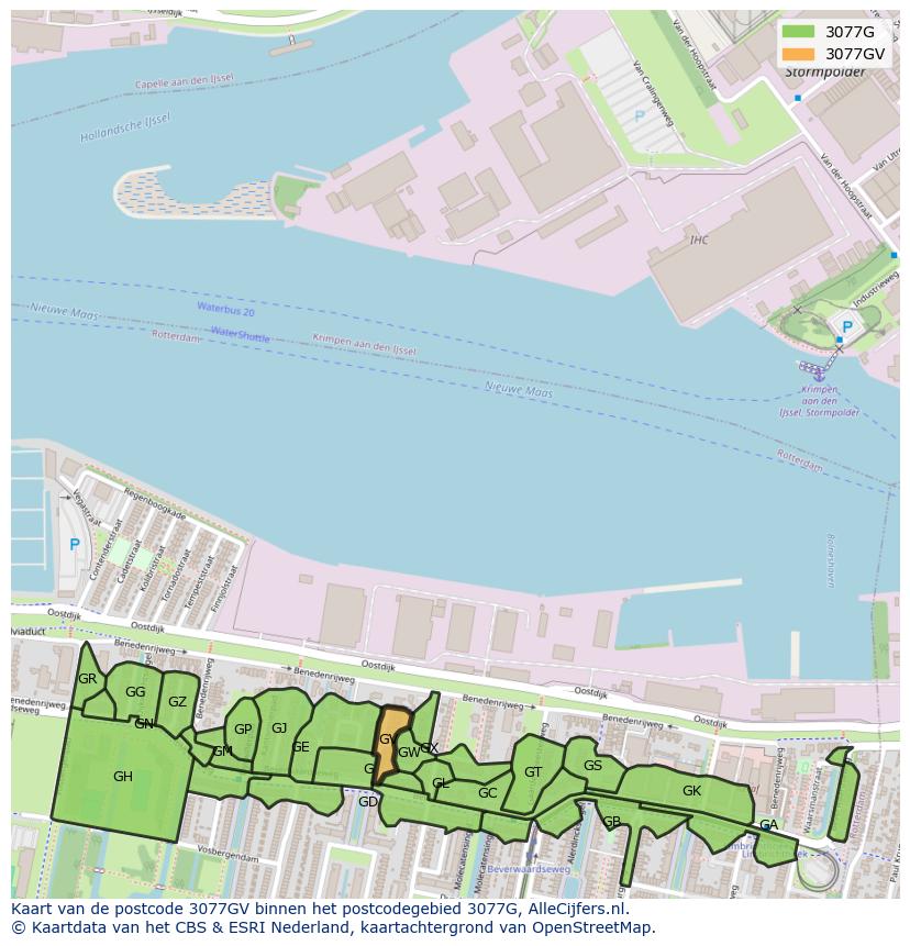 Afbeelding van het postcodegebied 3077 GV op de kaart.