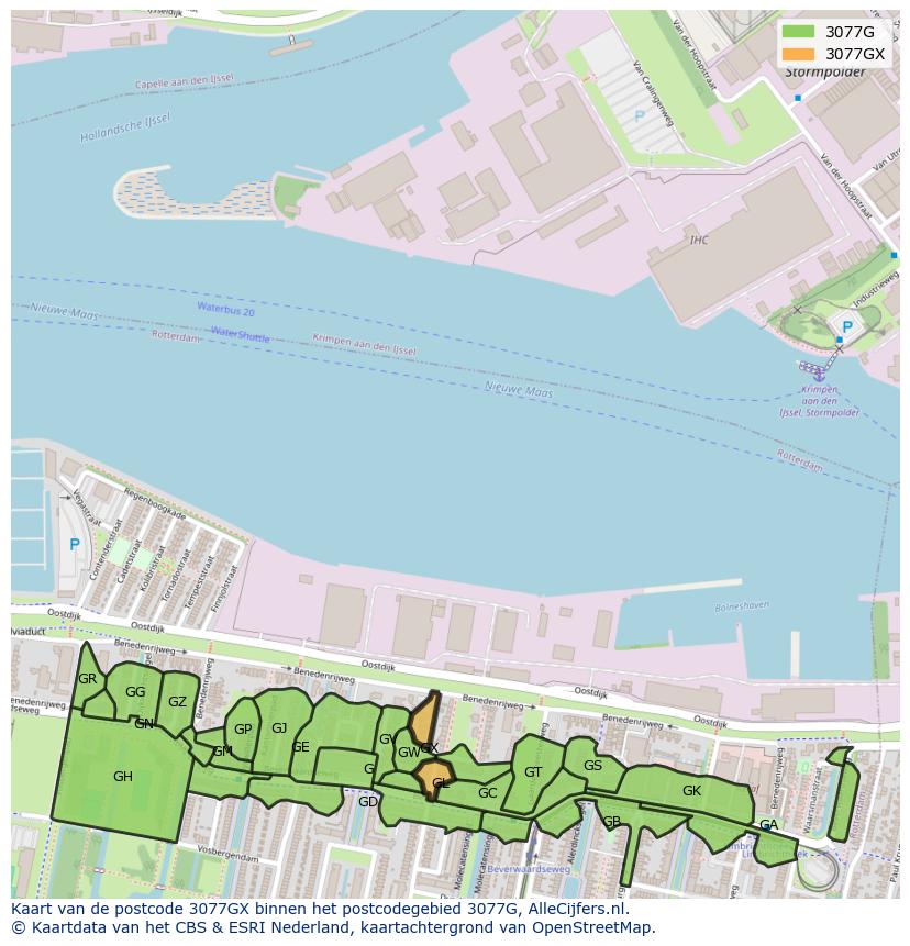 Afbeelding van het postcodegebied 3077 GX op de kaart.