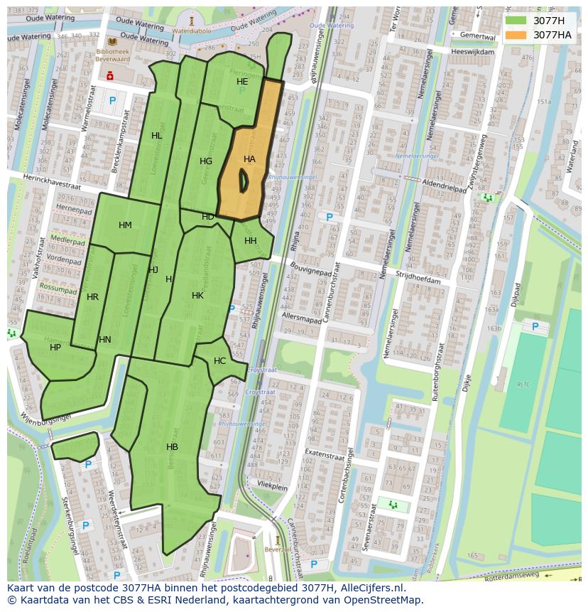 Afbeelding van het postcodegebied 3077 HA op de kaart.