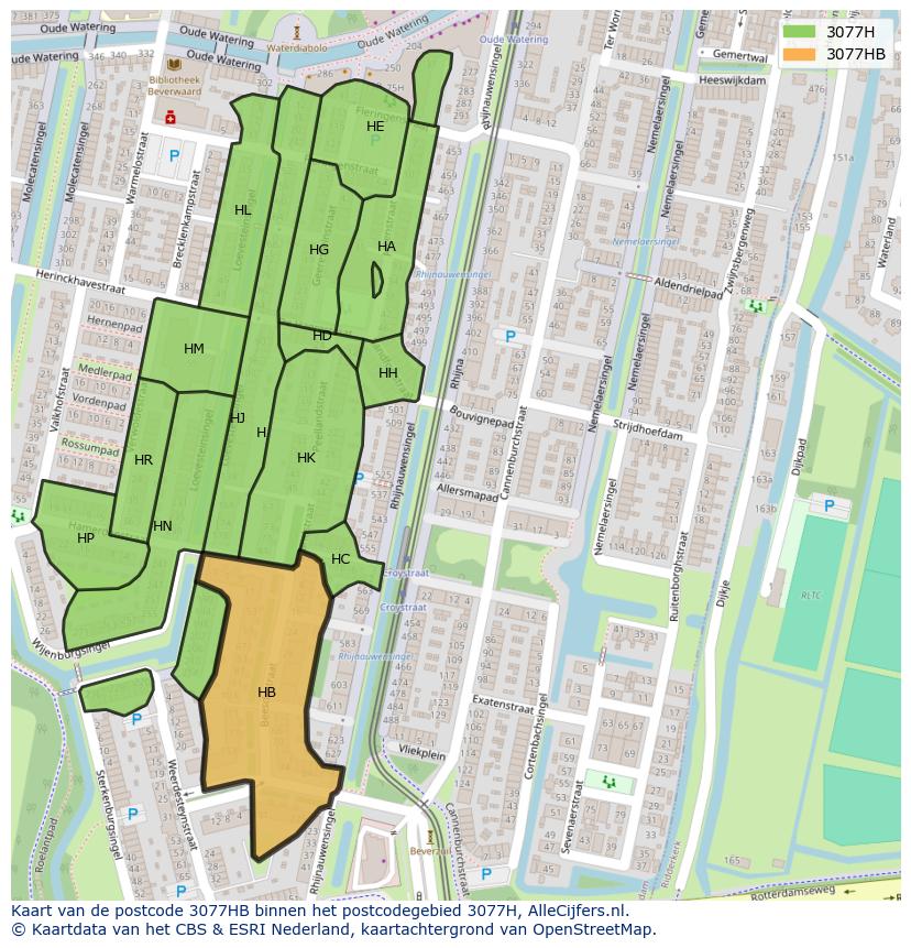Afbeelding van het postcodegebied 3077 HB op de kaart.