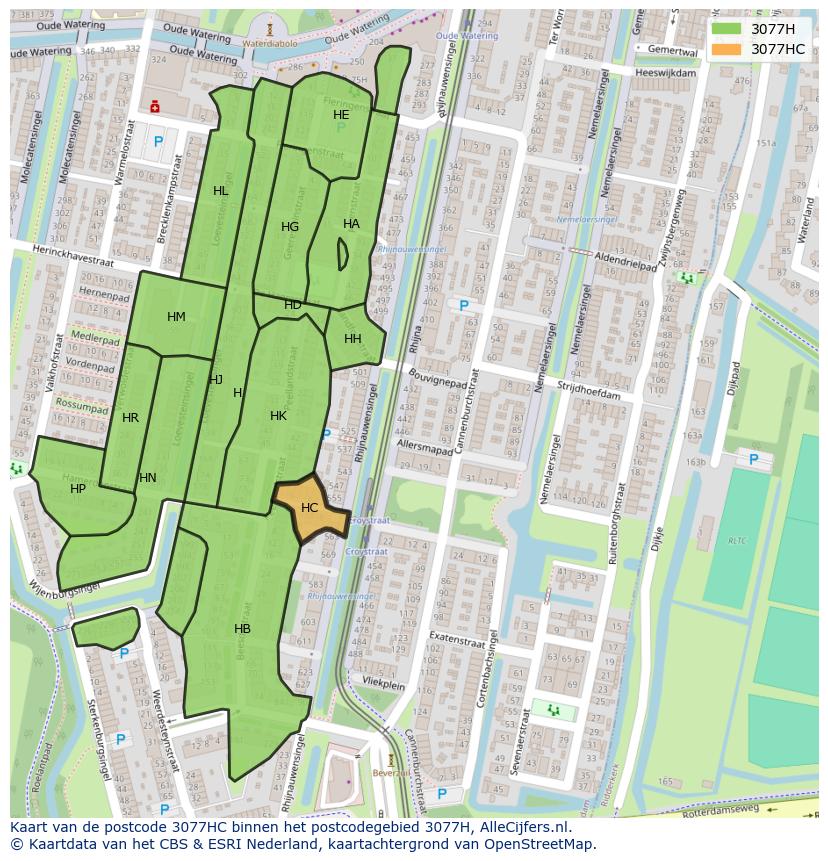 Afbeelding van het postcodegebied 3077 HC op de kaart.