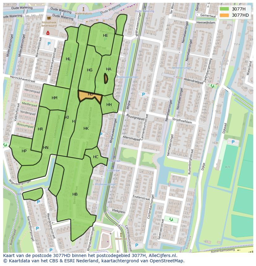 Afbeelding van het postcodegebied 3077 HD op de kaart.