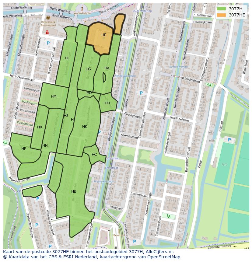 Afbeelding van het postcodegebied 3077 HE op de kaart.