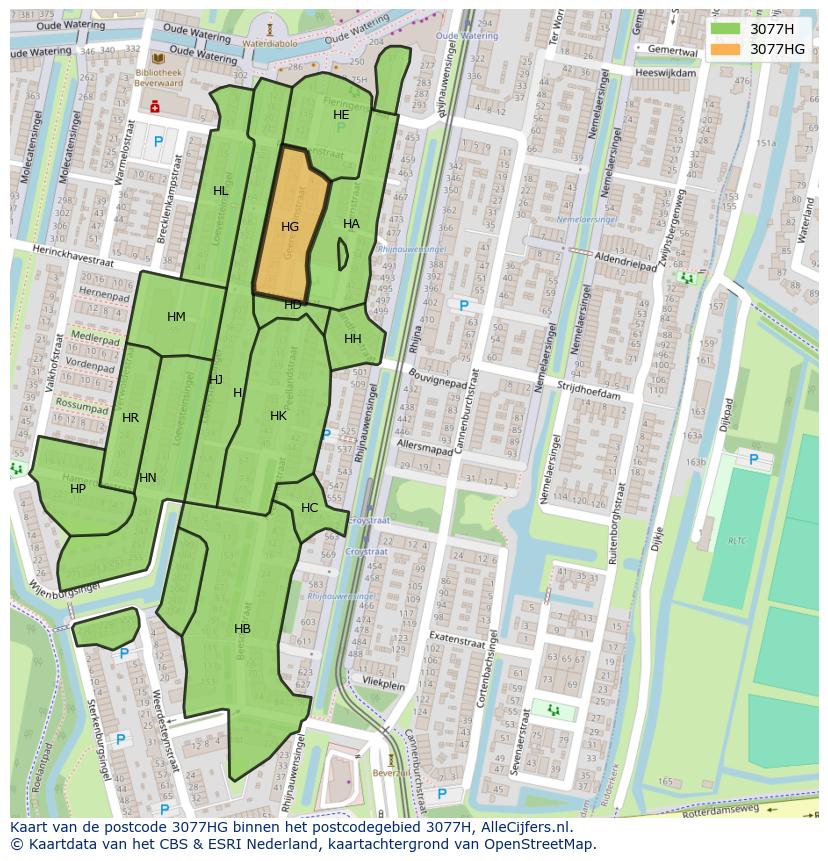 Afbeelding van het postcodegebied 3077 HG op de kaart.