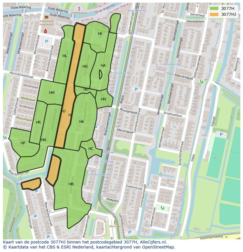 Afbeelding van het postcodegebied 3077 HJ op de kaart.